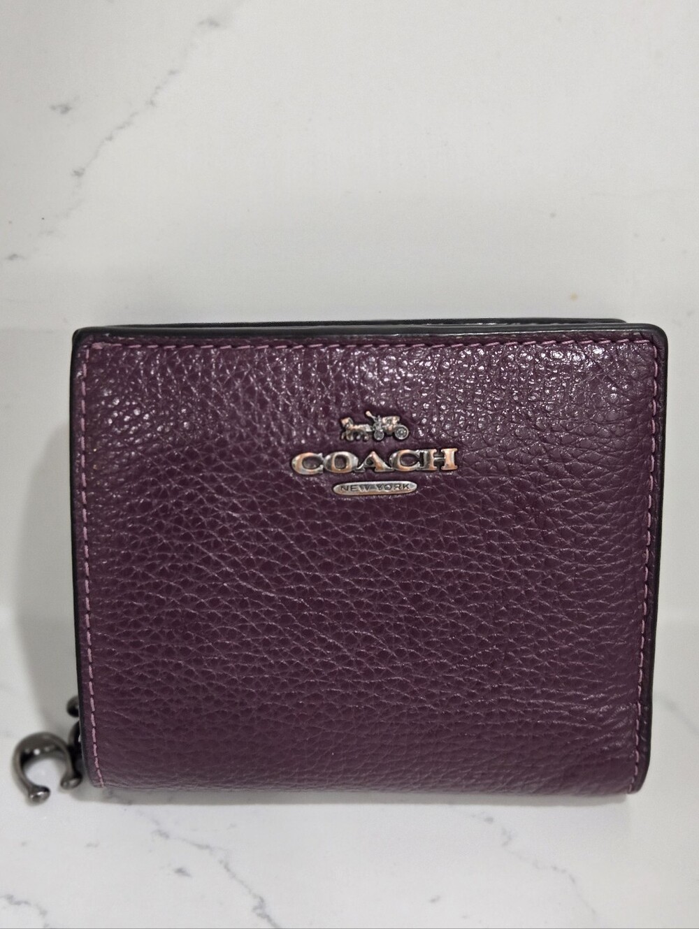 Coach Pebbled Leather Compact Wallet in Plum Purple